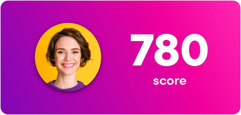 Friendly female user avatar next to a 780 score on a pink and purple gradient background.